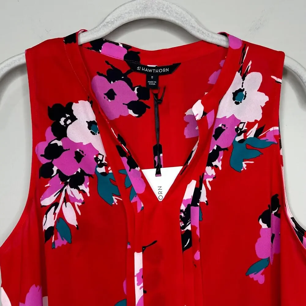 NWT 41 Hawthorn Breyson Pleated Sleeveless Red Floral Shirt Size M Stitch Fix - Picture 2 of 9